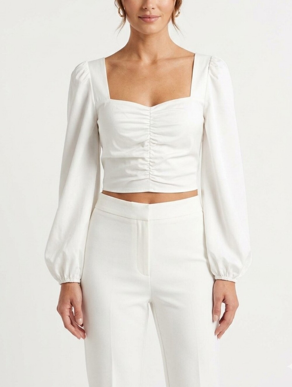 Lucy Paris White Cropped Long Puff Sleeve Gathered Corset Blouse Size XS